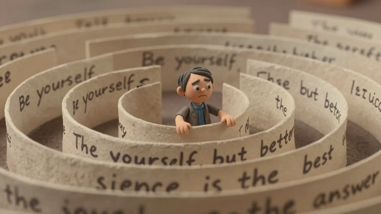 Une petite personne en argile piégée dans une boucle infinie de phrases paradoxales, émerveillée et perdue.