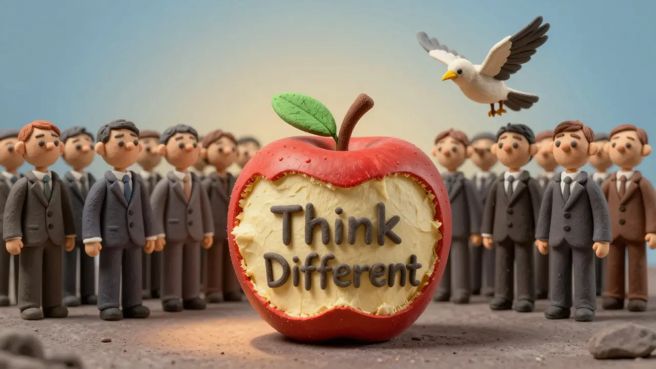 Une pomme en argile marquée 'Think Different' tandis qu'une figure se transforme en oiseau, symbolisant la créativité.