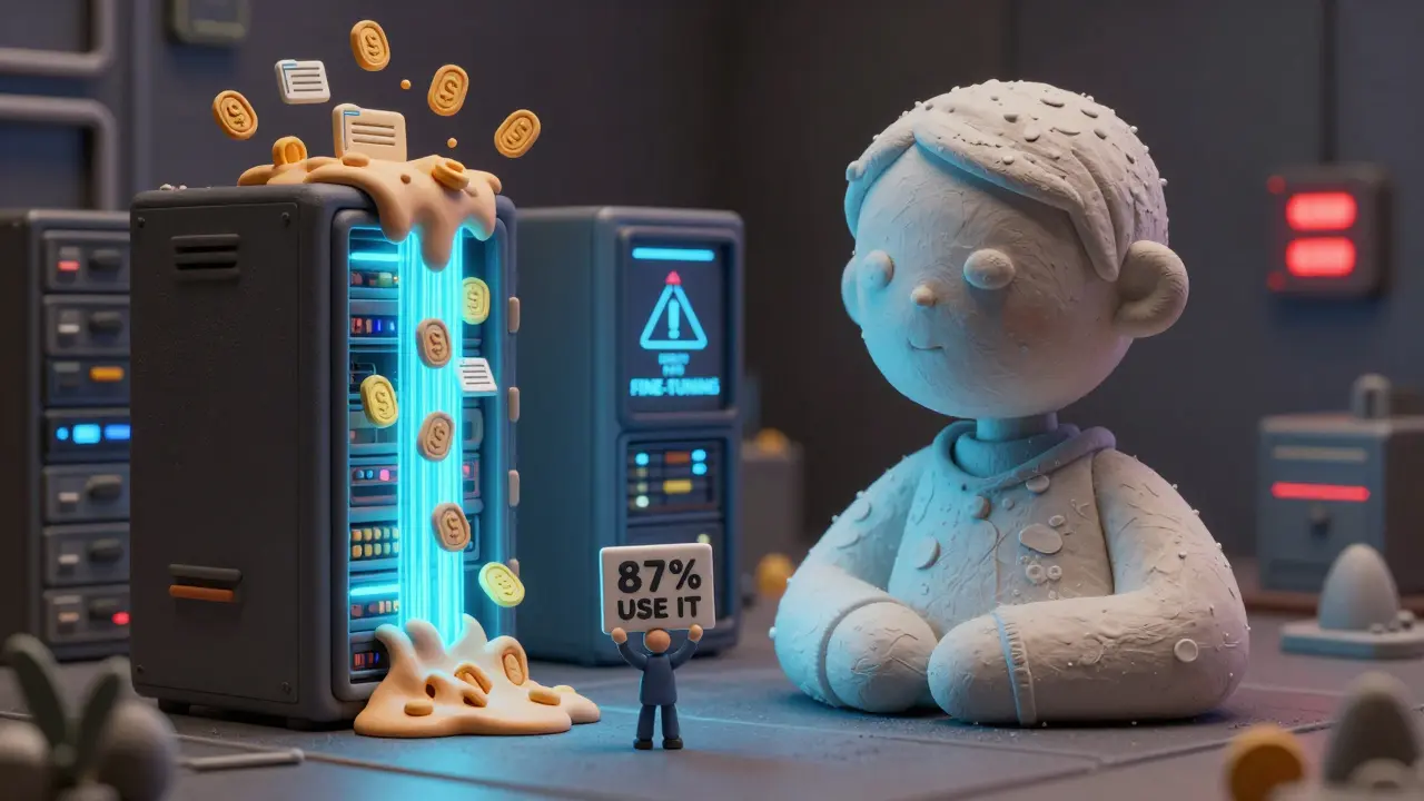 Centre de données en argile où des checkpoints débordent, tandis qu'un modèle final émerge en lumière bleue.