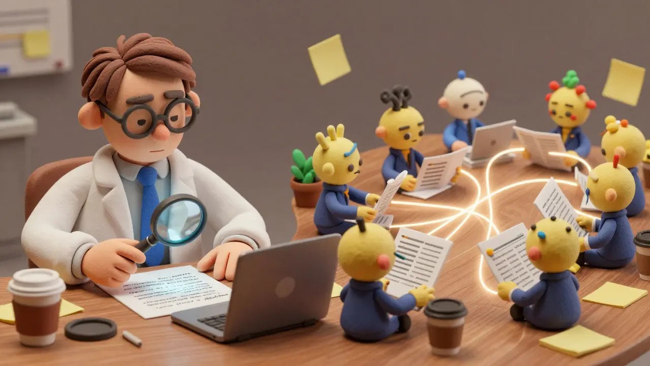 Scène divisée : chercheur manuel à gauche, assistants IA en argile travaillant en parallèle à droite avec des fils lumineux.