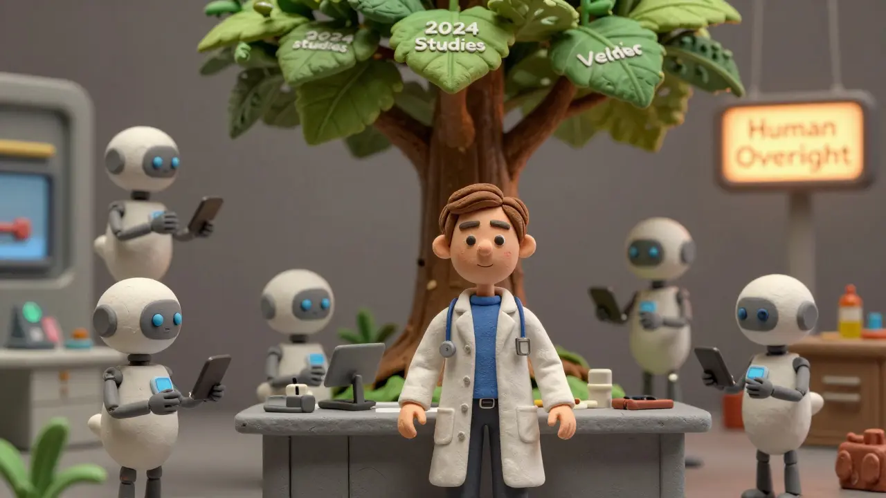 Un chercheur dirige cinq agents IA en argile qui traitent des tâches de revue scientifique, sous un arbre digital de publications.