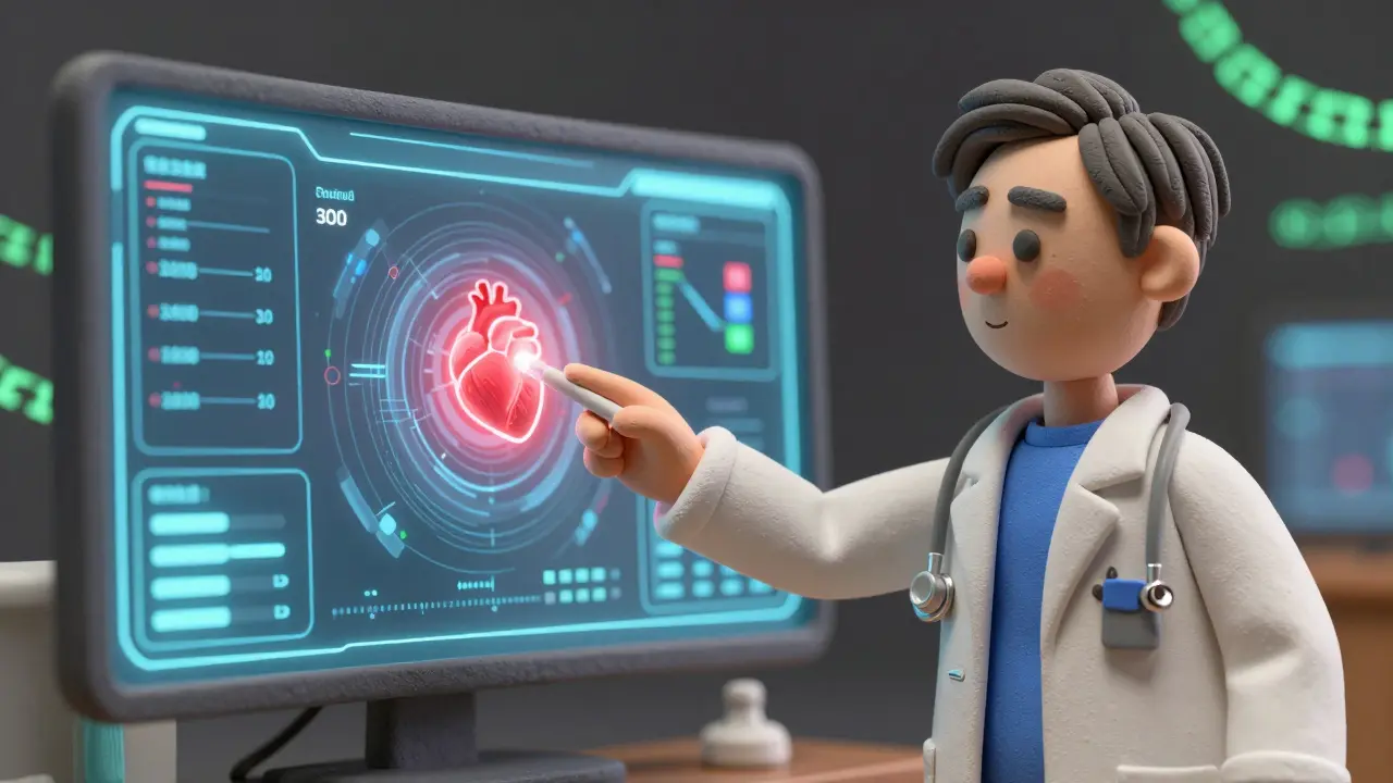 Un cardiologue spécialiste signale une erreur dans un rapport médical généré par l'IA, entouré de boucles de retour et de chaînes blockchain lumineuses.