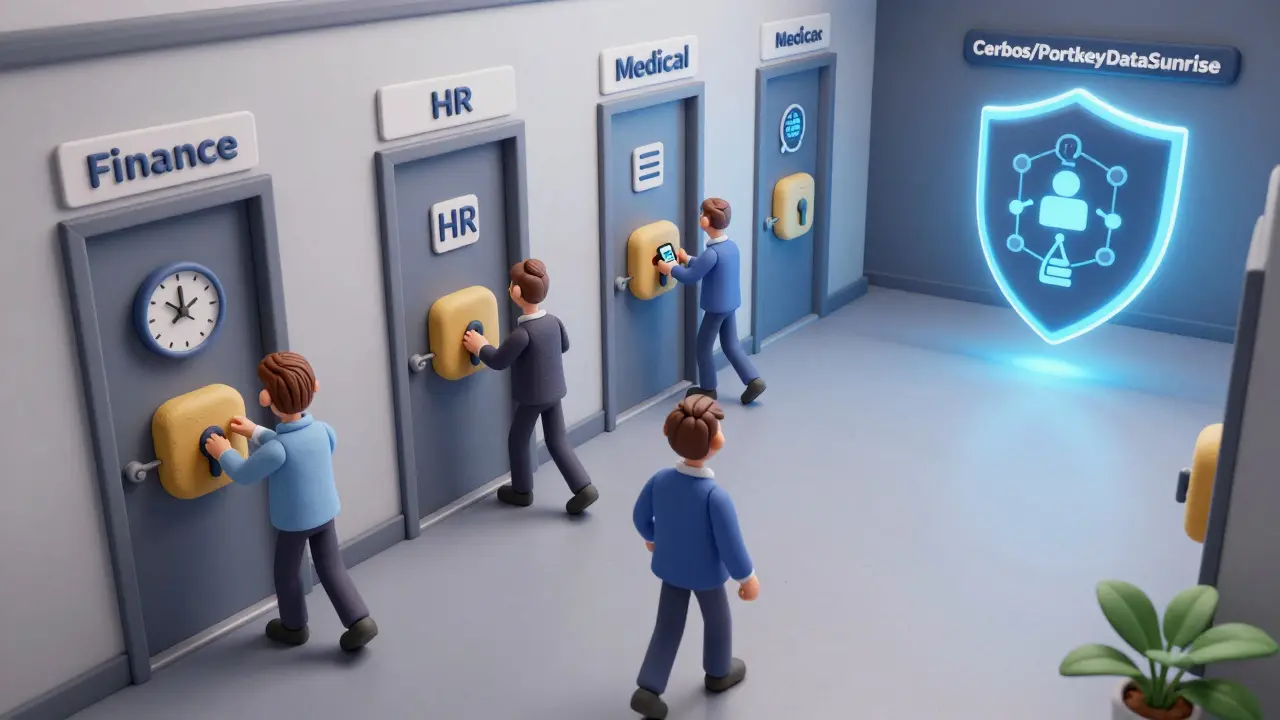 Un couloir d'entreprise avec des portes intelligentes qui s'adaptent au contexte d'accès des employés en argile.