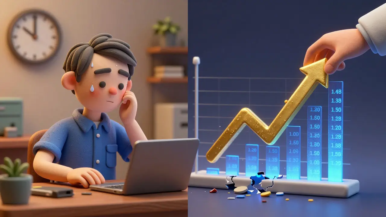 Un employé examine des conseils financiers d'IA sous une horloge, tandis qu'un graphe faux s'effondre sous la correction d'un expert.