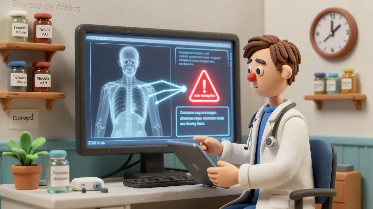Un médecin consulte une IA médicale avec des radios liées à la réponse, un avertissement rouge indique des données non masquées.