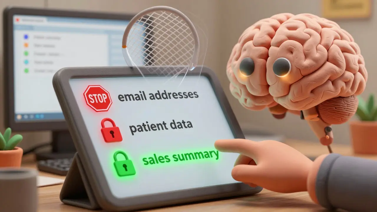 Une main en argile tape un prompt qui se transforme en symboles de sécurité, filtré par un filet numérique transparent.