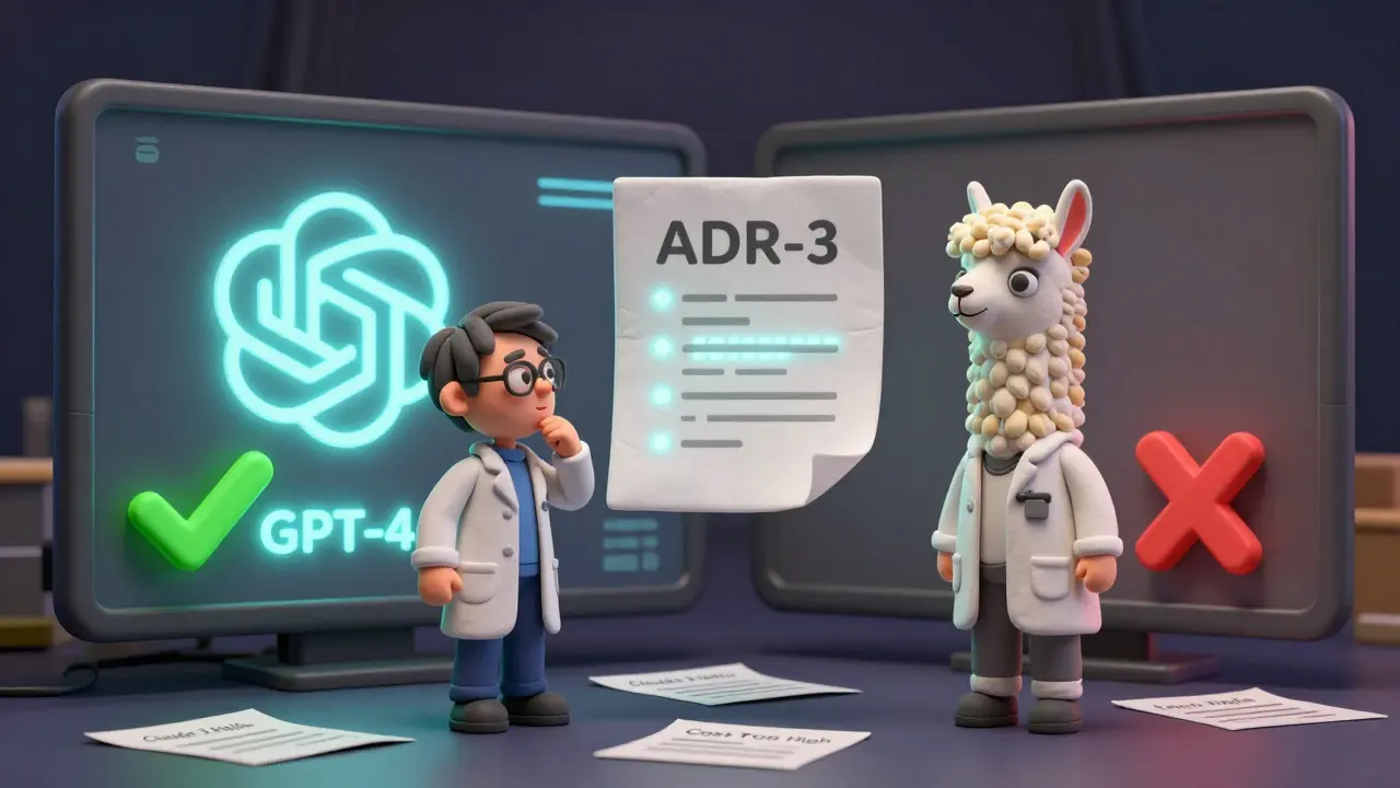 Deux développeurs en argile débattent entre deux modèles d'IA, un document ADR flottant au centre avec des alternatives rejetées.