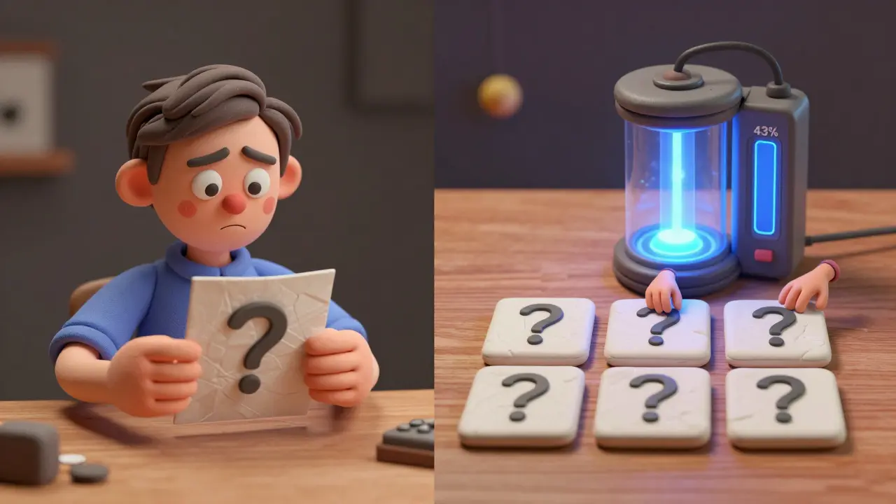 Scène divisée : une question complexe en désordre à gauche, décomposée en tuiles ordonnées à droite.