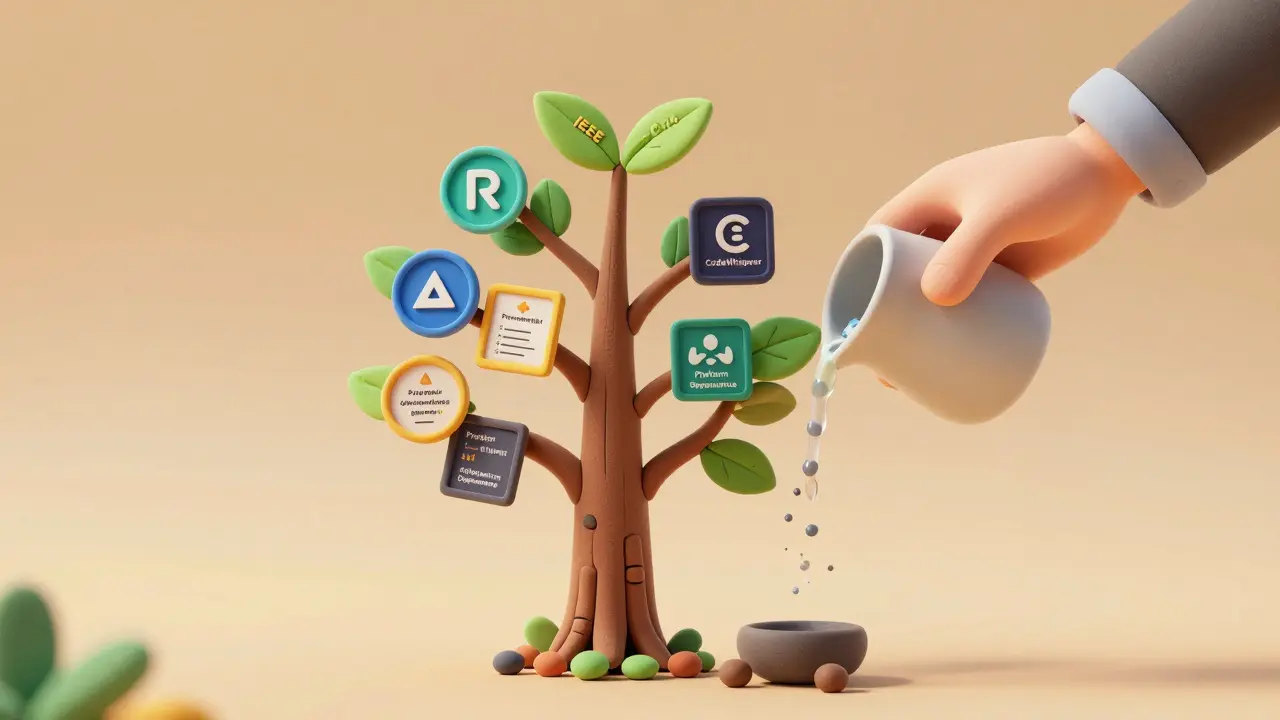 Un arbre en argile porte des certifications ; une feuille dorée 'IEEE P2874' pousse tandis qu'une main arrose les racines.