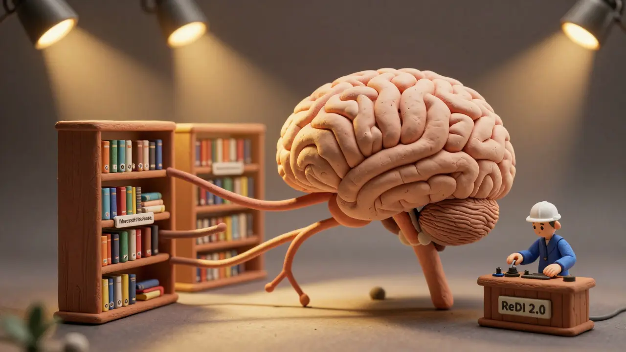 Un cerveau en argile avec des tubes reliant des étagères de données sur Microsoft et Google.