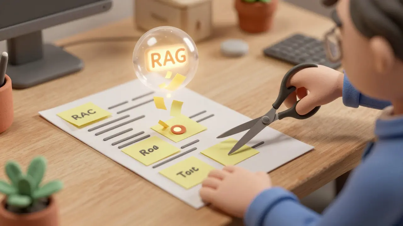 Un développeur découpe un document en argile en morceaux, avec un résumé flottant qui capture les éléments clés.