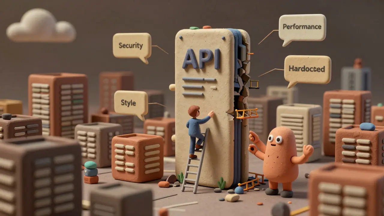 Un développeur humain examine une ville de code en argile, guidé par une IA qui signale des failles de sécurité.