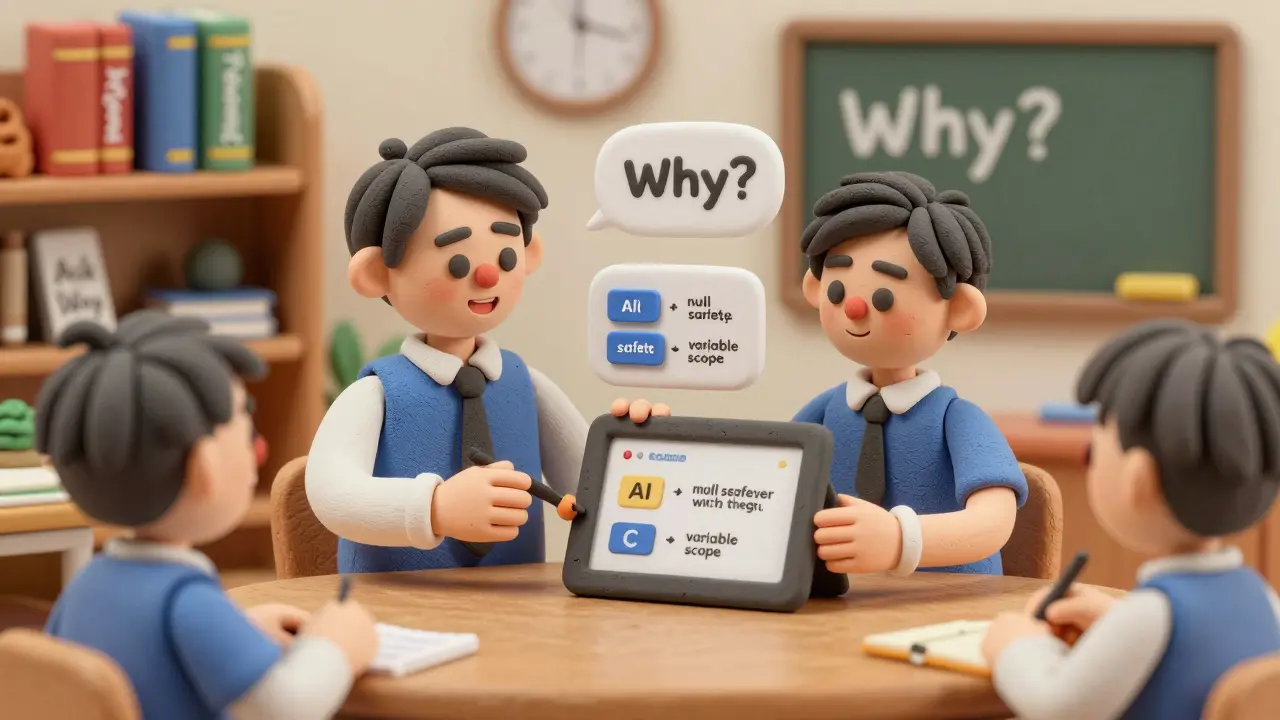 Un développeur junior demande pourquoi une suggestion IA est faite, et l'IA devient une petite salle de classe éducative.
