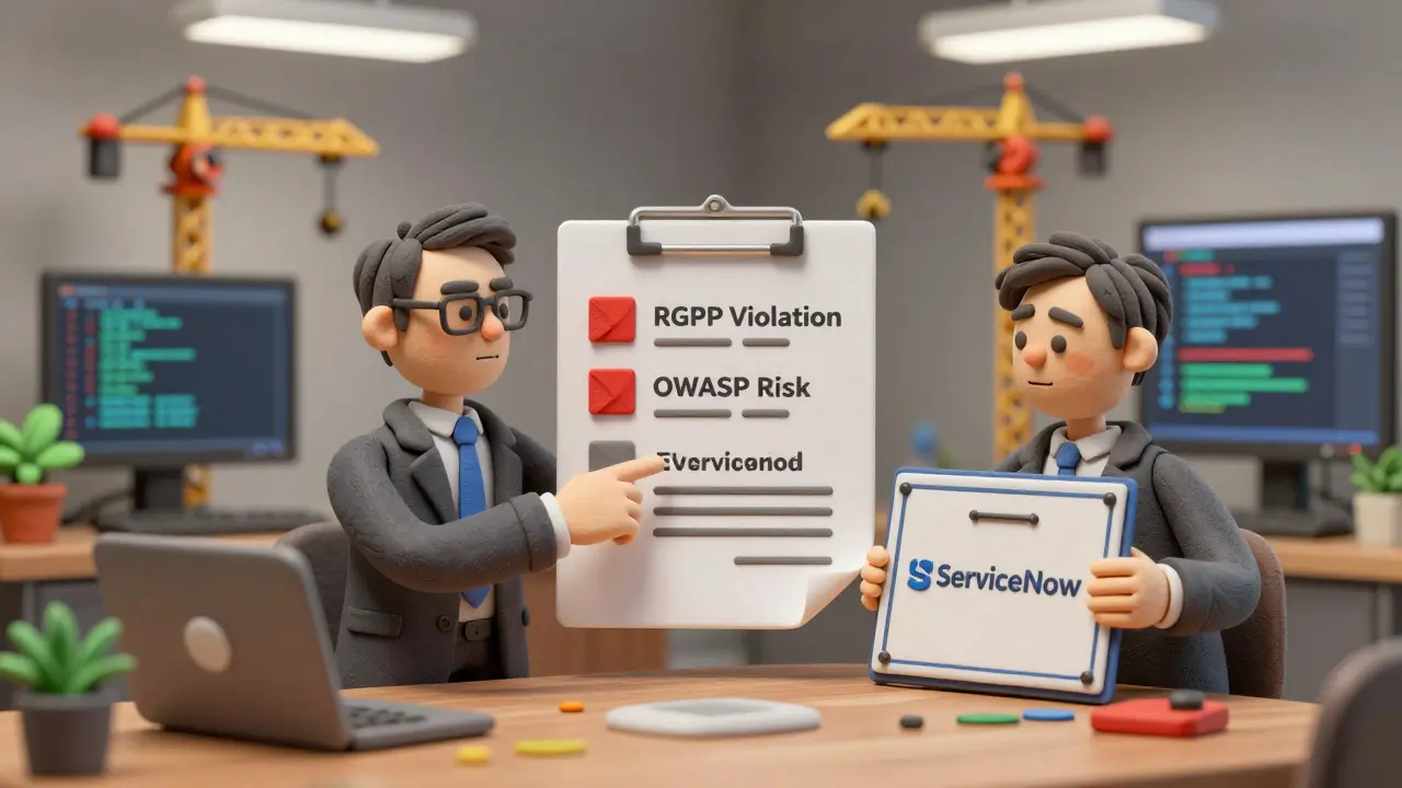 Un manager en argile examine un rapport de sécurité avec des alertes, tandis qu'un développeur tient une certification ServiceNow.