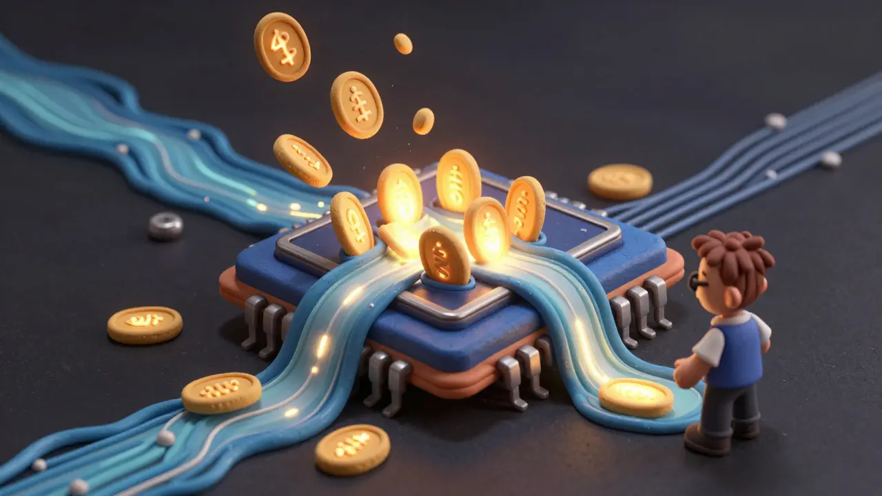 Un processeur en argile déborde de jetons lumineux qui disparaissent, représentant la surcharge de traitement.