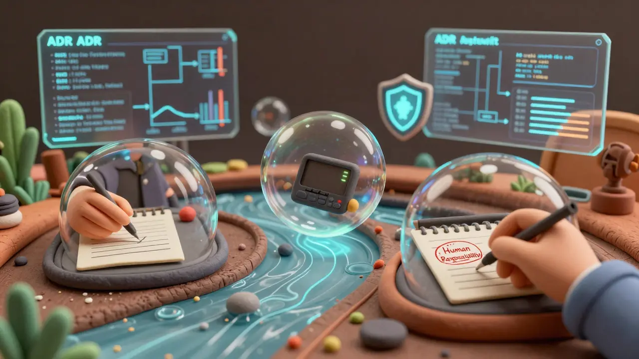 Un tableau de bord en argile affiche des ADRs en temps réel, avec une main humaine signant une décision générée par l'IA.