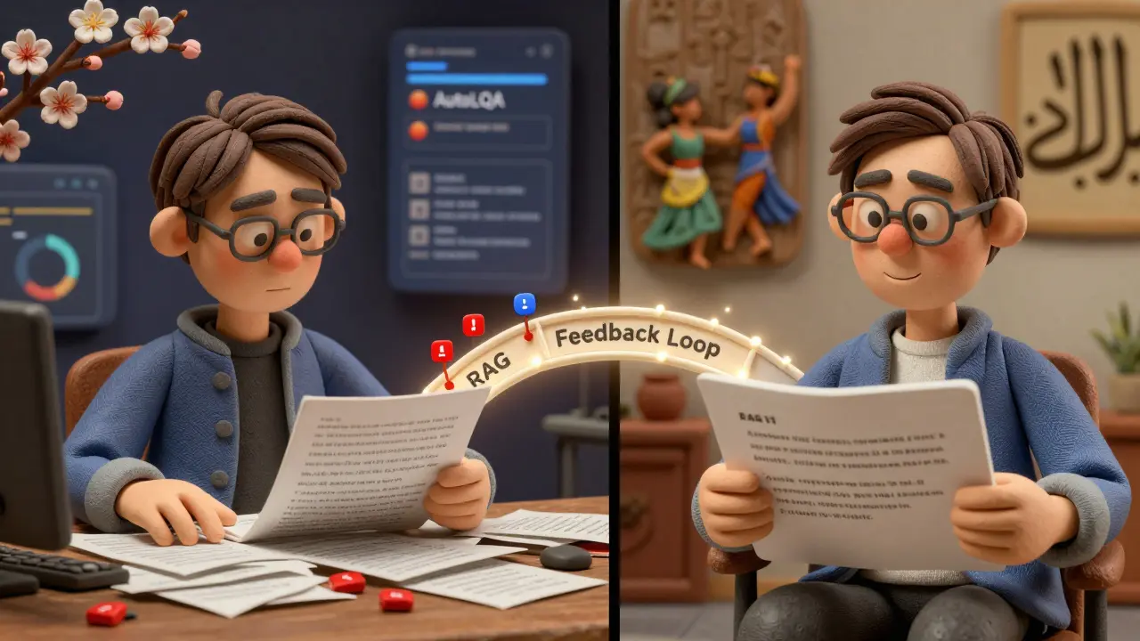 Un traducteur humain compare un résultat chaotique d'IA à une version optimisée, séparés par un pont de tokens de localisation intelligente.