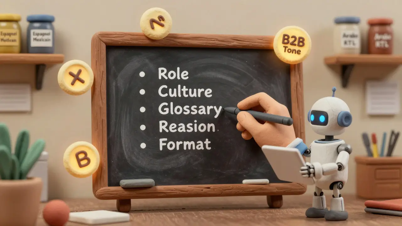 Une main en argile rédige un prompt de localisation tandis qu'un petit robot IA lit les composants clés flottants autour d'elle.