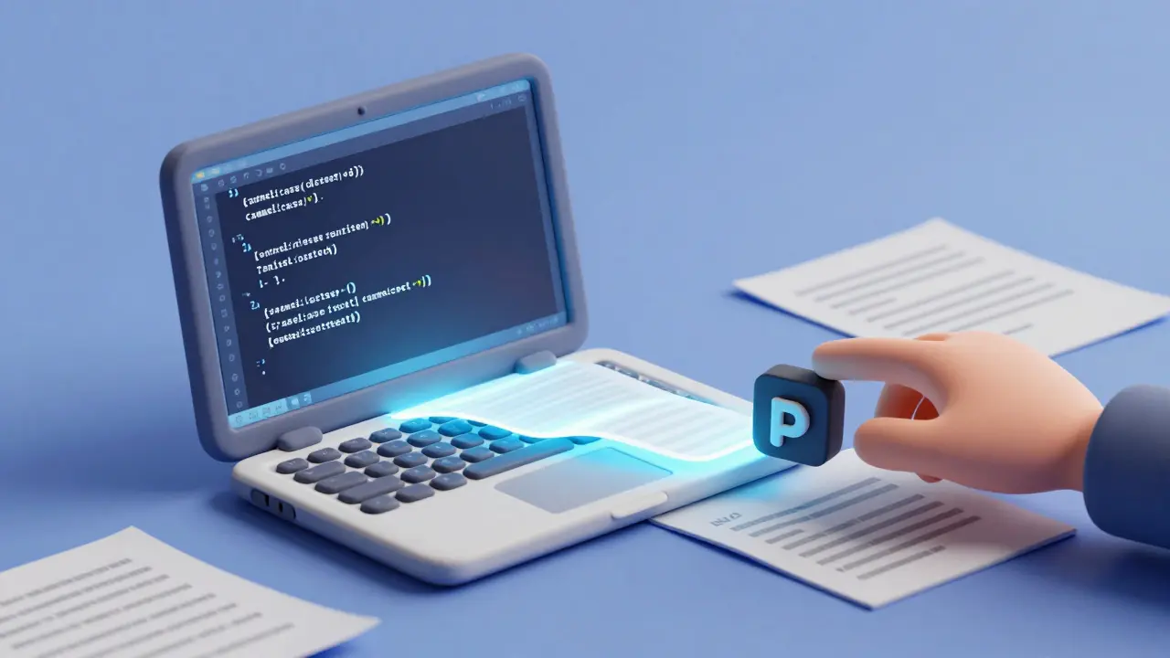 Bureau en argile ordonné avec du code parfaitement formaté et un outil d'automatisation qui l'illumine.