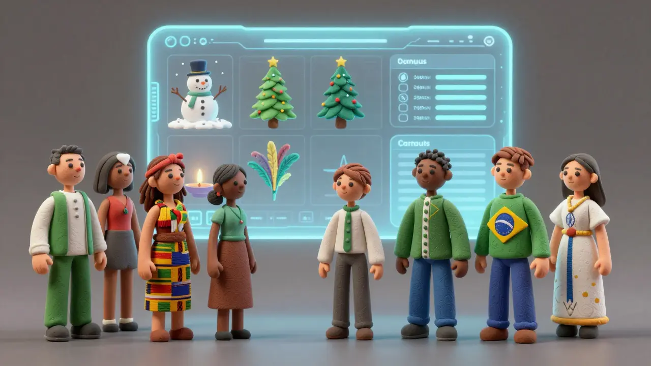 Des personnes du monde entier regardent une IA qui génère des symboles culturels inappropriés, leurs propres traditions étant effacées.