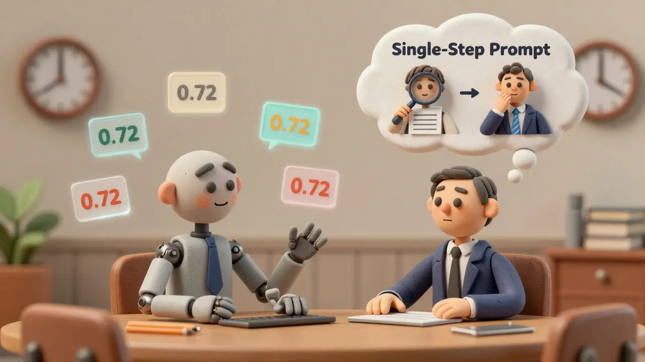 Deux personnages en argile comparant deux méthodes de prompt, avec une bulle de pensée et des scores de similarité flottants.