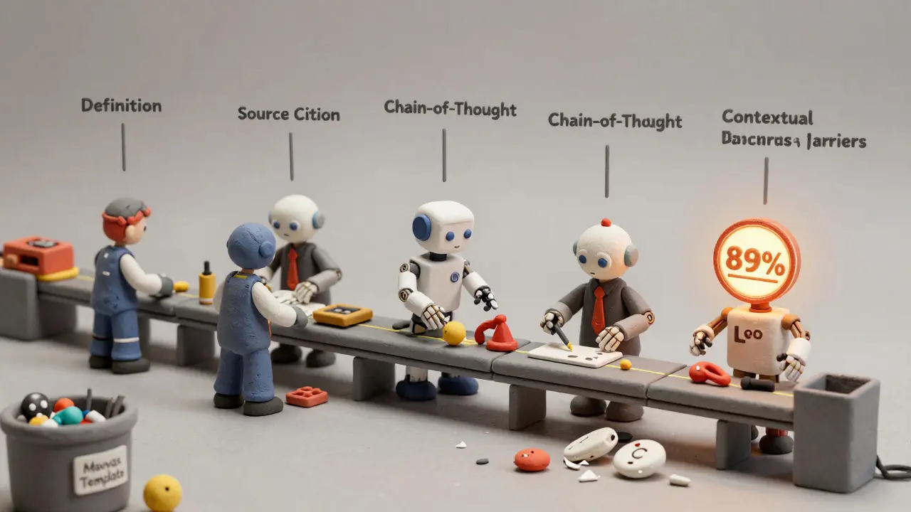 Ligne de production en argile où un LLM est façonné par cinq éléments clés de prompt, aboutissant à une réponse précise.