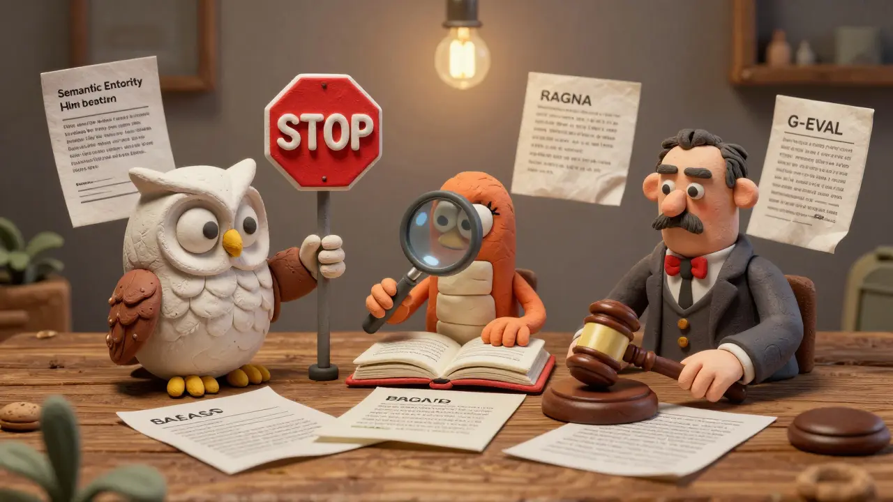 Trois modèles en argile évaluent des documents falsifiés, un signe d'arrêt bloque une réponse erronée.