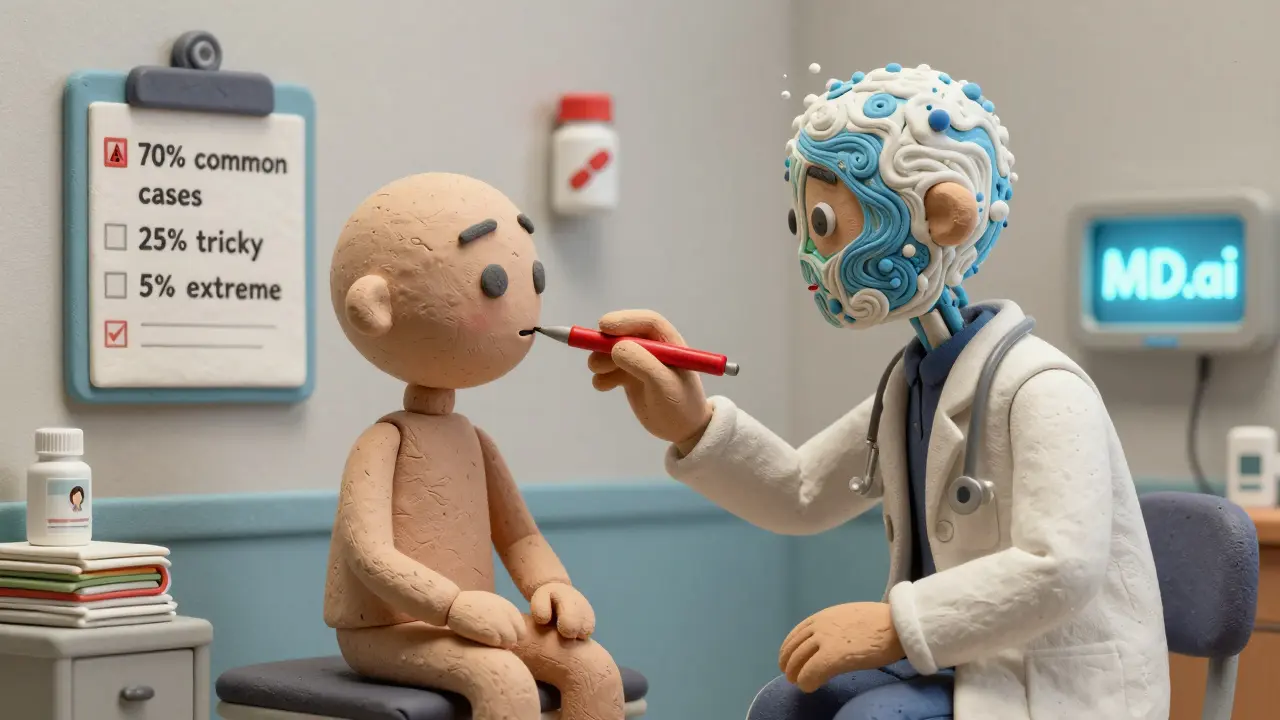 Un modèle IA en argile reçoit des symptômes médicaux d'un patient, avec un expert corrigeant une erreur de diagnostic.