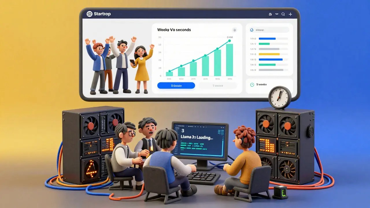 Scène en deux parties : une équipe célèbre une intégration rapide d'API, tandis qu'une autre est épuisée face à des serveurs open-source en panne.