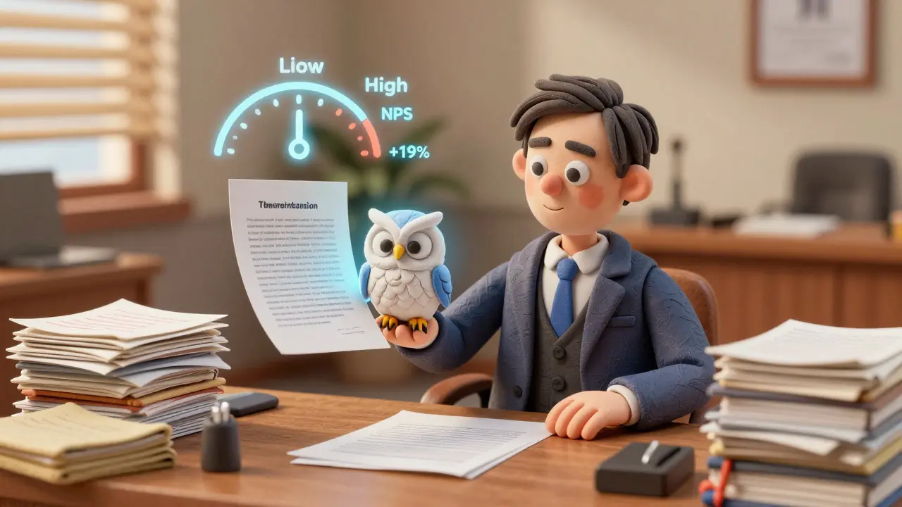 Un avocat en argile voit ses documents juridiques s'améliorer grâce à une assistance IA en forme de hibou.