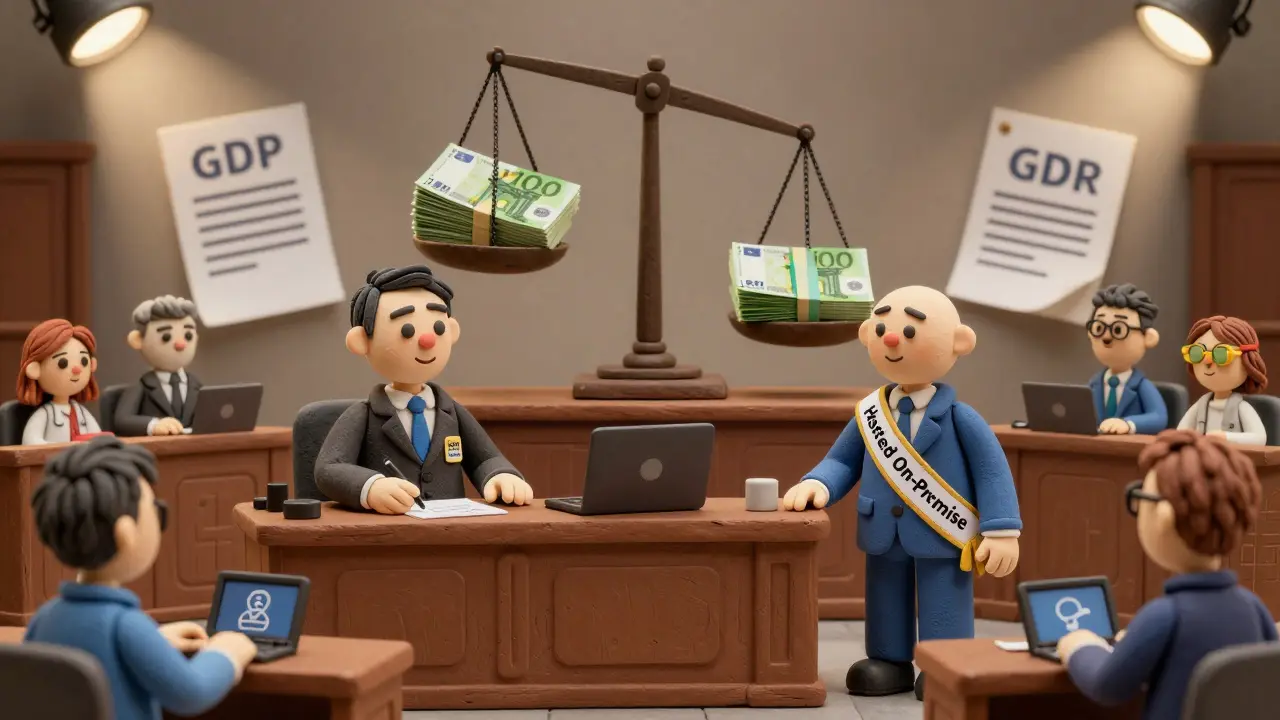 Un juge en argile juge un débat entre un modèle API et un modèle open-source, avec une balance entre factures et documents RGPD.