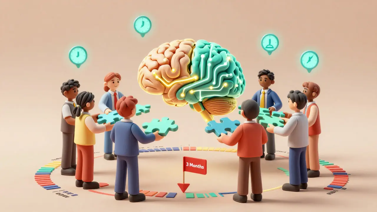 Une équipe assemble un cerveau lumineux avec des fragments de puzzle, symbolisant la transformation du travail humain.