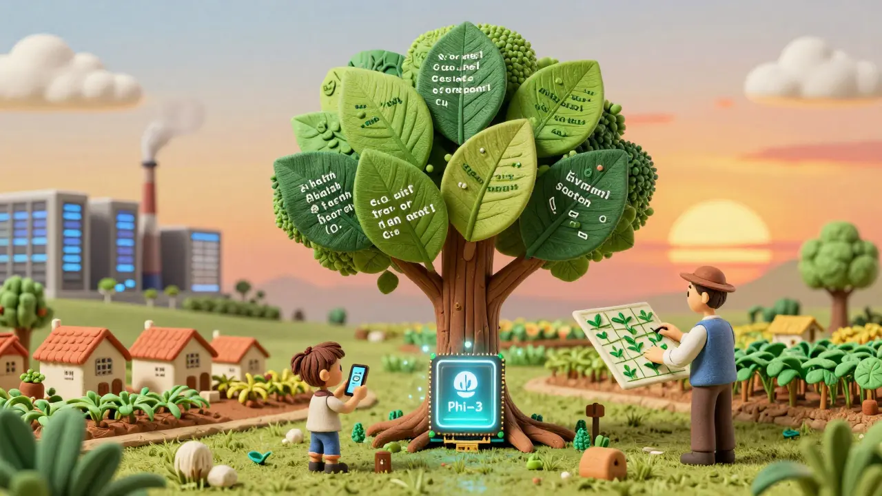 Arbre aux feuilles de code représentant des modèles d'IA spécialisés, avec un enfant utilisant un smartphone pour générer du contenu local.