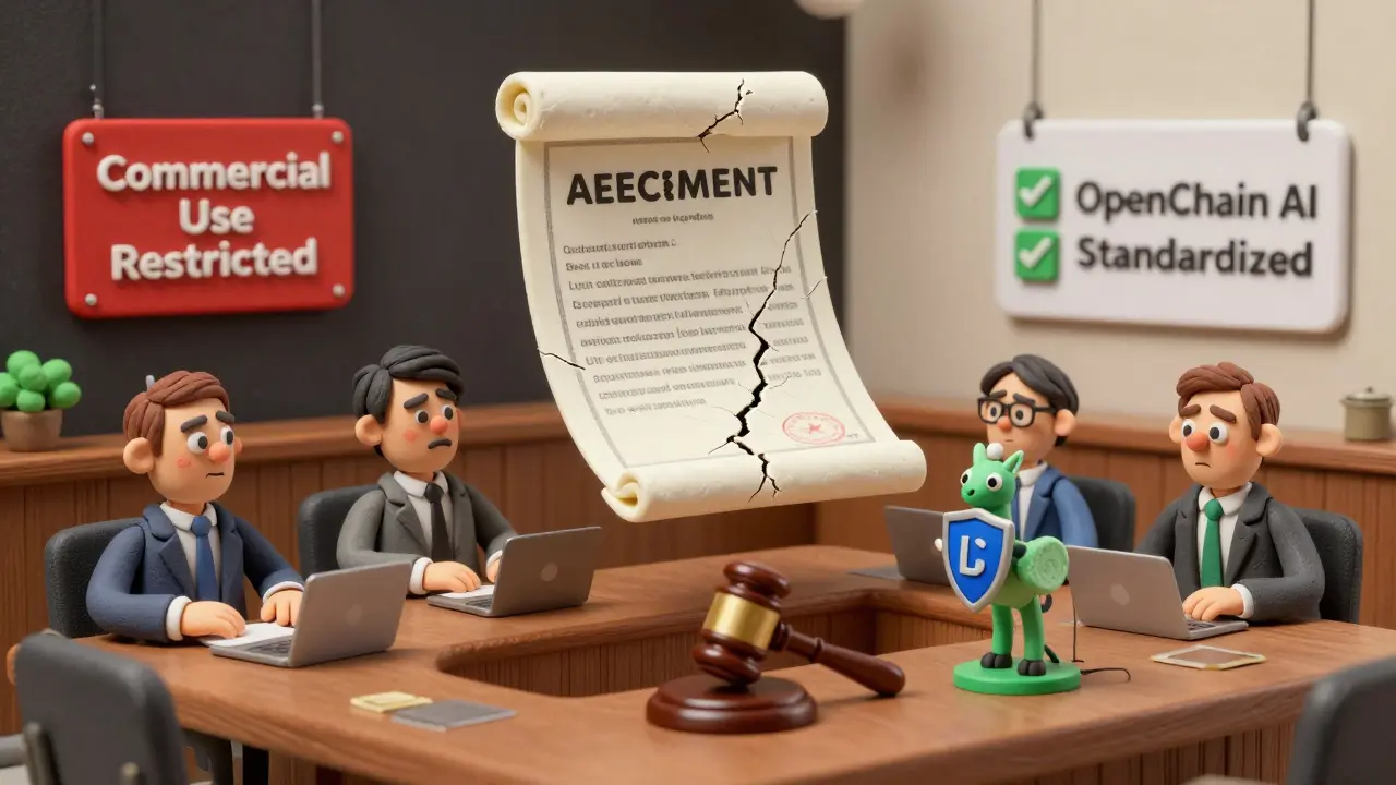 Cour d'justice fictive où une licence d'IA est jugée entre restrictions commerciales et normes open-source.