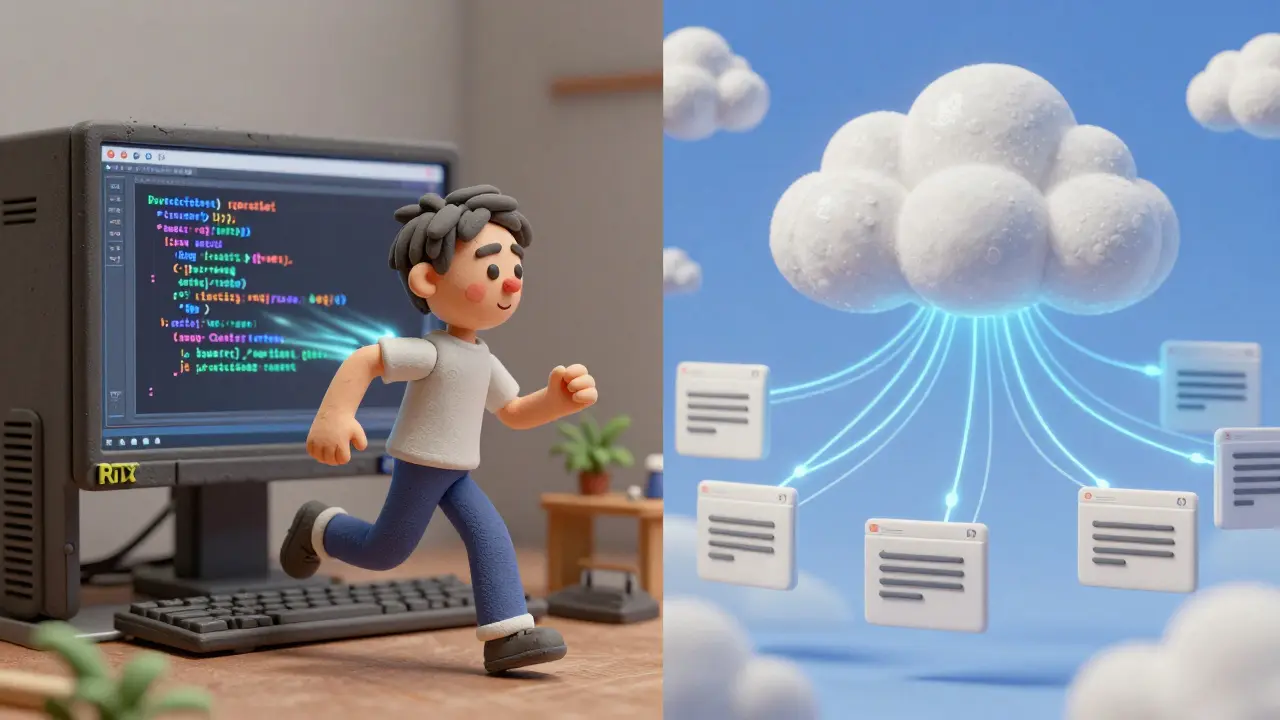 Deux modèles d'IA : un local sur un GPU en argile, un cloud dans le ciel numérique, avec des fils de contexte connectés.