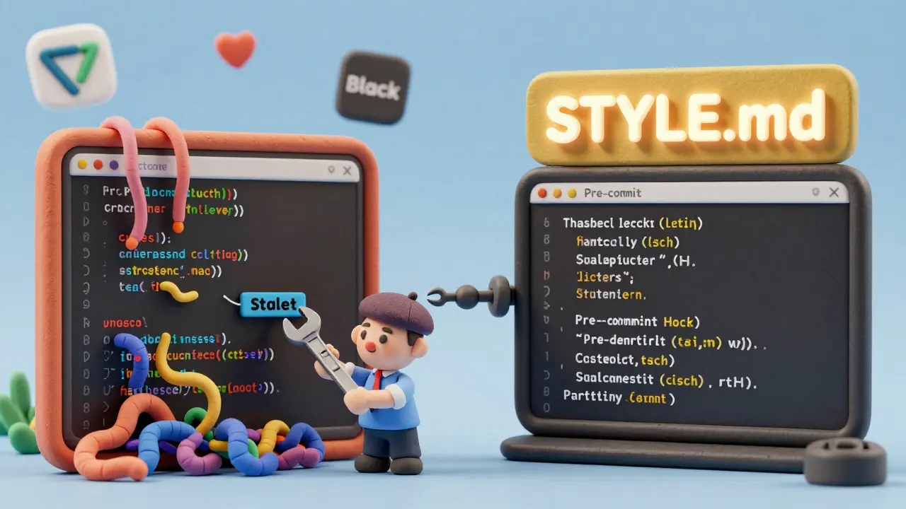 Diapositive en argile : code désordonné à gauche, code organisé à droite, retenu par un crochet automatisé tenu par un développeur.