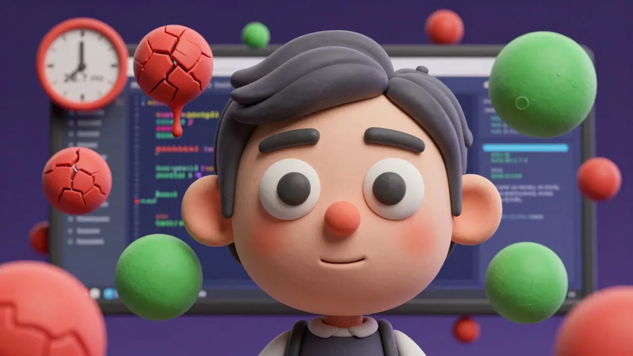 Un développeur regardant des prédictions de code en orbite, certaines cassées en rouge, d'autres fluides en vert, sous un horloge affichant 28,7 ms.