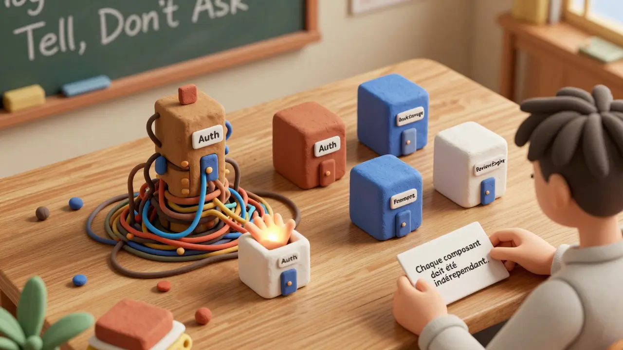 Une architecture logicielle mal structurée en argile se transforme en microservices bien organisés sous l'œil attentif d'un étudiant.