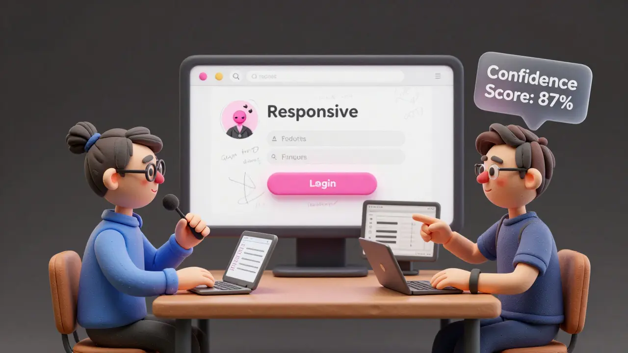 Une équipe en argile observe une page de connexion générée par IA avec un bouton qui rebondit.