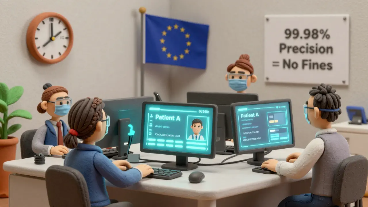 Bureau en argile où des employés surveillent le masquage en temps réel des données personnelles, avec un horloge vers 2025.