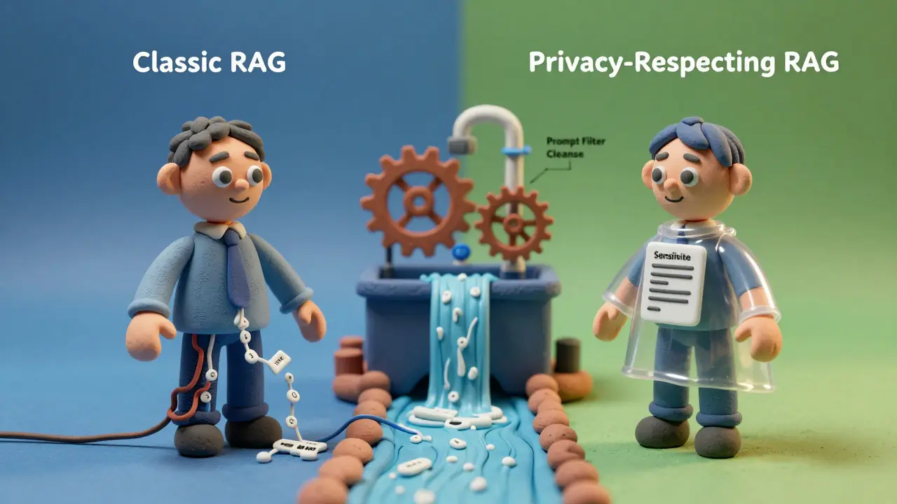 Comparaison en argile entre un RAG classique fuyant des données et un RAG privé filtrant les informations sensibles.