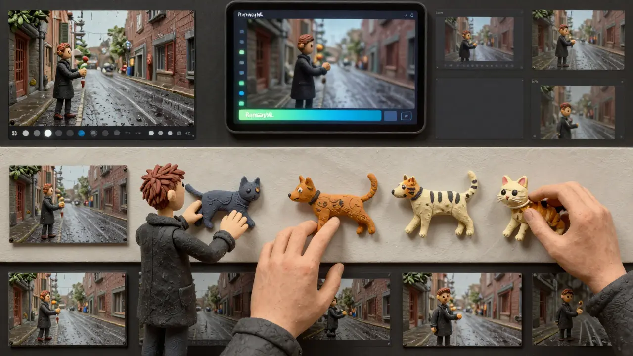 Des images en argile de storyboard montrent un chat qui change de forme entre les plans.