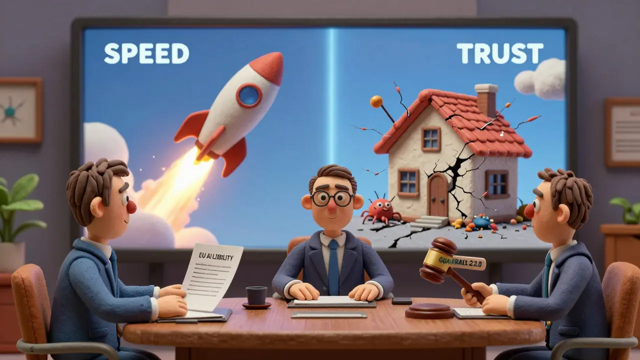 Un conseil d’administration regarde un écran divisé entre vitesse et confiance, face à un risque juridique imminent.