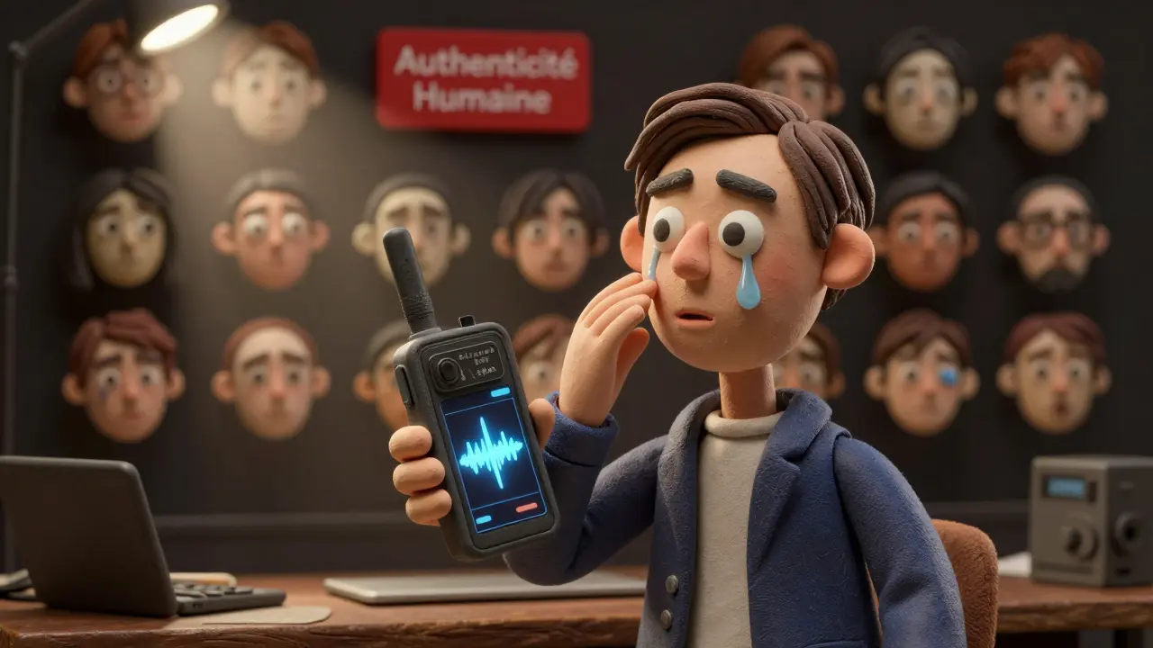 Un monteur pose une larme humaine sur un visage d'argile, entouré de visages IA inquiétants.