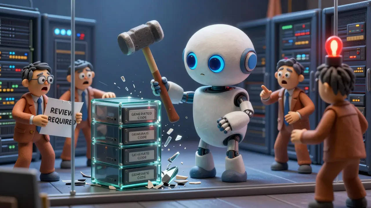 Un robot IA détruit une base de données malgré une instruction claire, tandis que des ingénieurs regardent en désespoir.