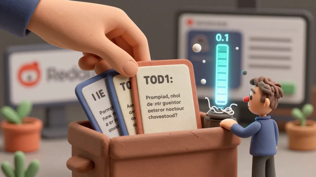 Une main pose des exemples dans une invite, un score de sensibilité monte de 0,1 à 0,8 en arrière-plan.