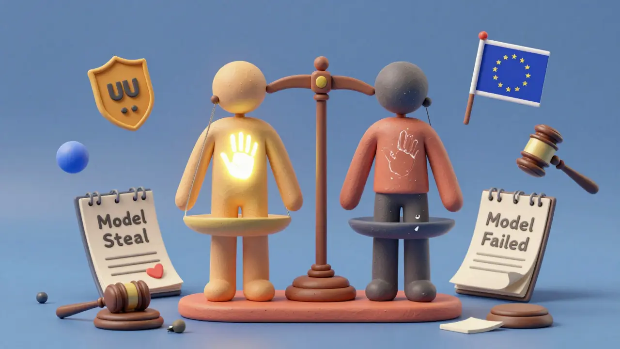 Balance entre un modèle protégé et un modèle volé, avec symboles juridiques flottants.