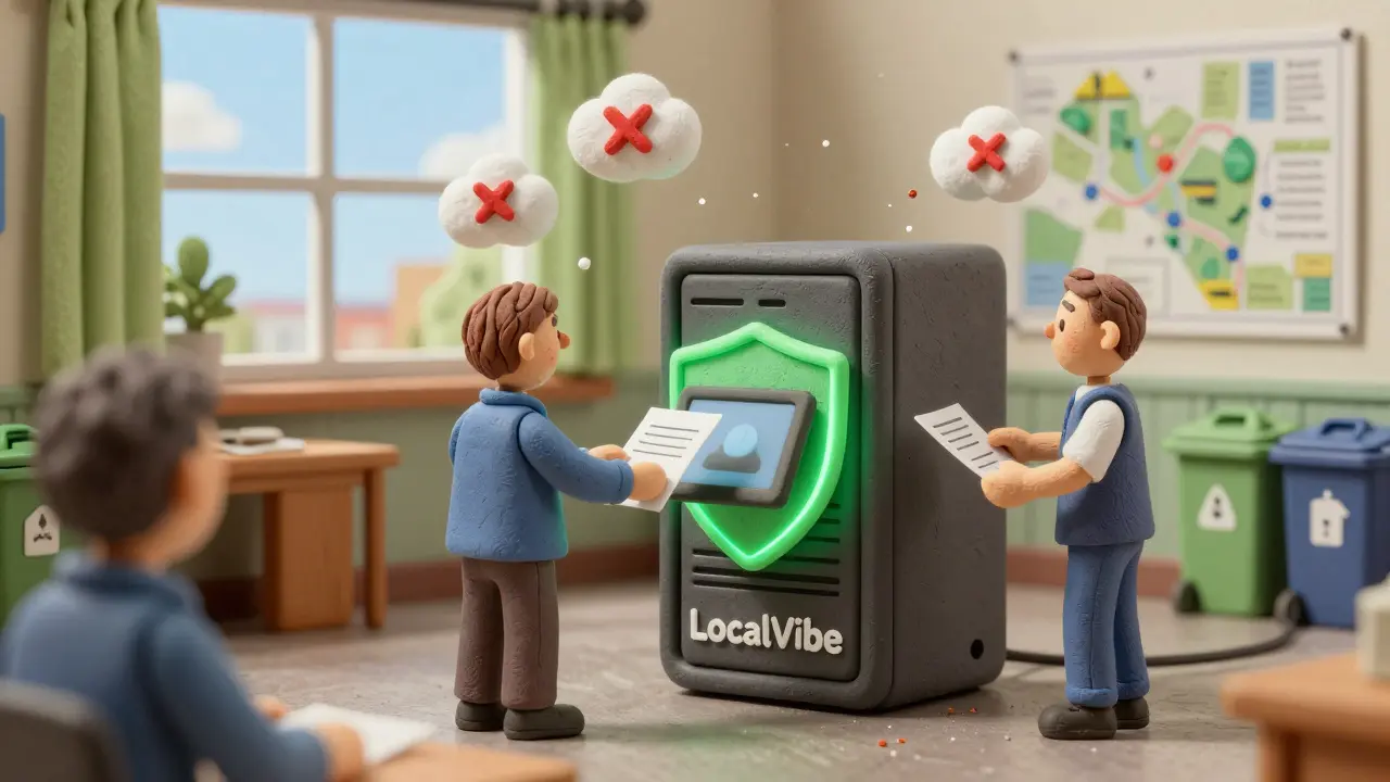 Centre communautaire avec un serveur local en argile protégeant les données des nuages externes.