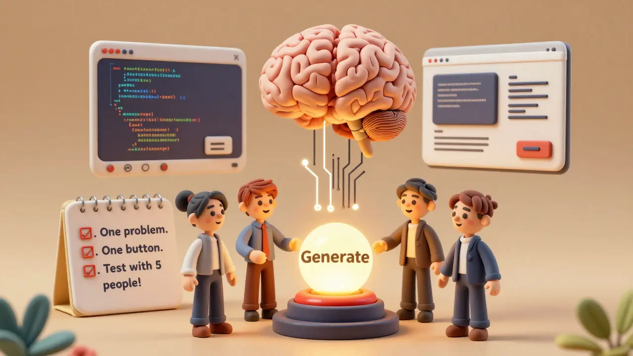 Cinq fondateurs observent un site web généré par une IA en argile.