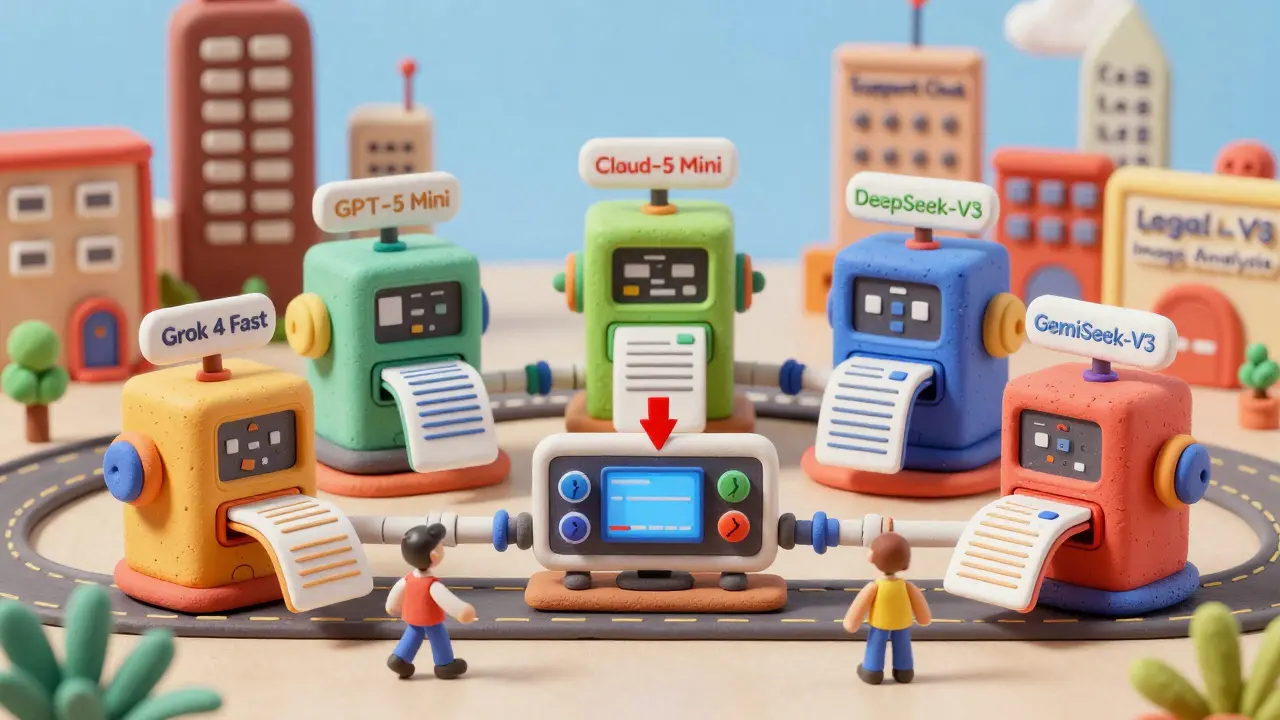 Cinq machines en argile traitant différents types de requêtes dans un flux de travail.